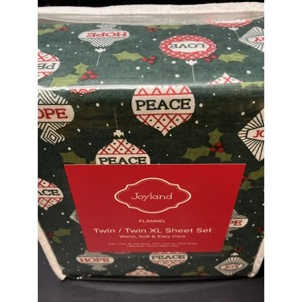 Joyland Flannel Twin/Twin XL Sheet Set Green Peace Joy Hope Christmas New